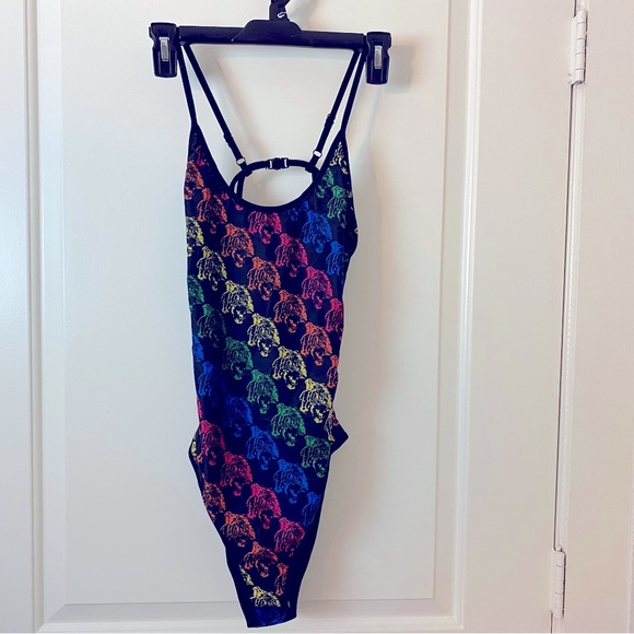 NWT Feather 11 One-Piece Black Tiger Print French Cut Crisis-Cross Swimsuit - Picture 5 of 7